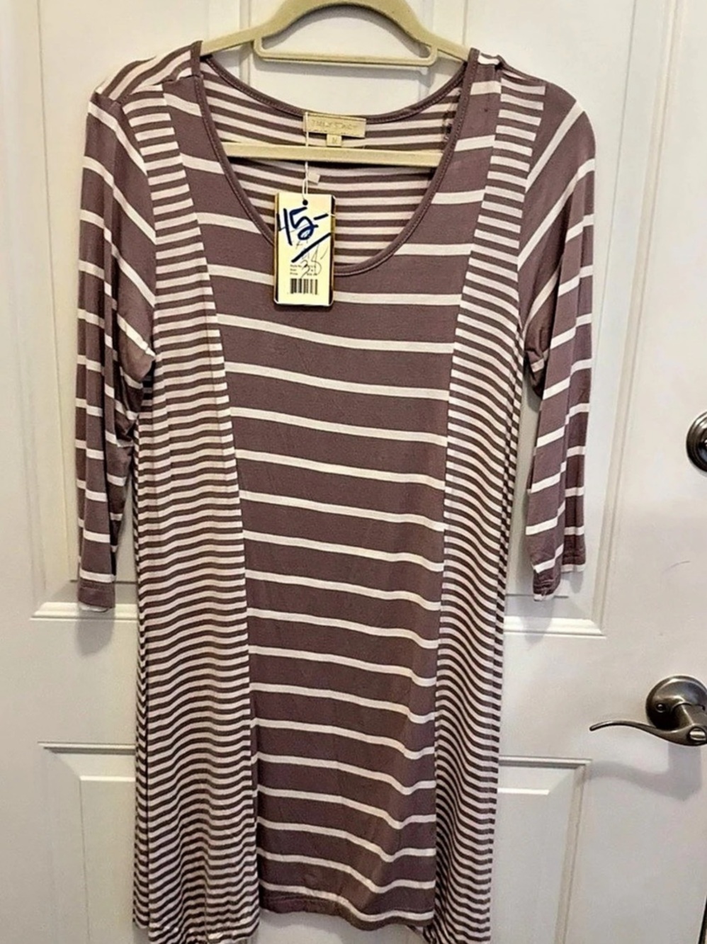 Emily Stacy Striped Midi Dress in Purple & White Size Medium NWT